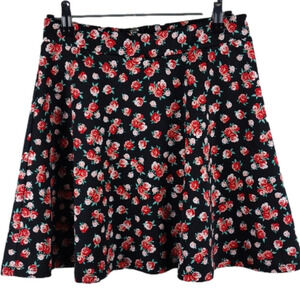 Olsenboye Black Pink Rose Floral Polyester Flat Front Zip Back Mini Circle Skirt